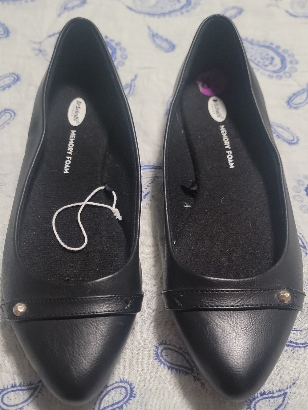 Dr. Scholl's Black Pointed Toe Memory Foam Flats with Stud Accent